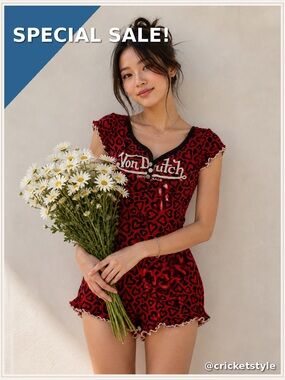 Von Dutch Heart-Print Ribbed Henley Romper